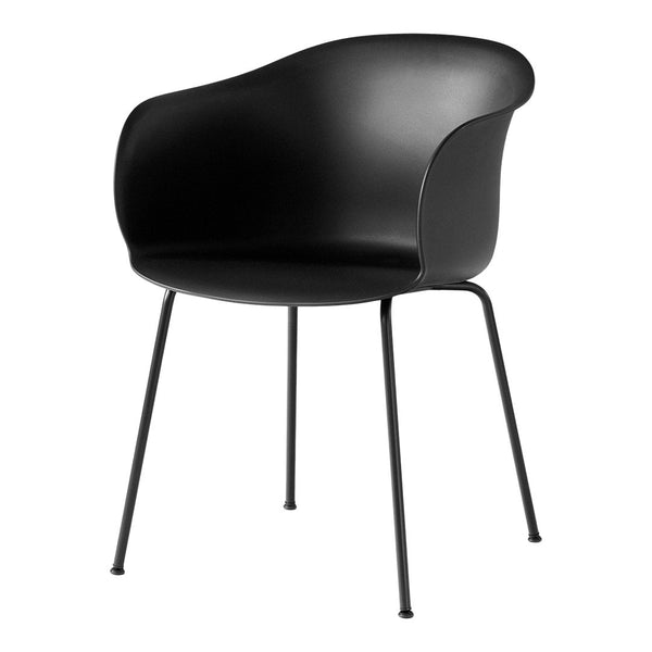 Sleek black molded chair with a minimalist design and matching black metal legs, perfect for modern decor.