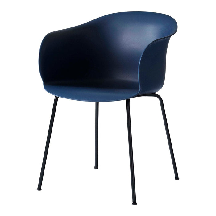 "Stylish navy blue chair with minimalist design and sleek black legs, perfect for modern interiors."