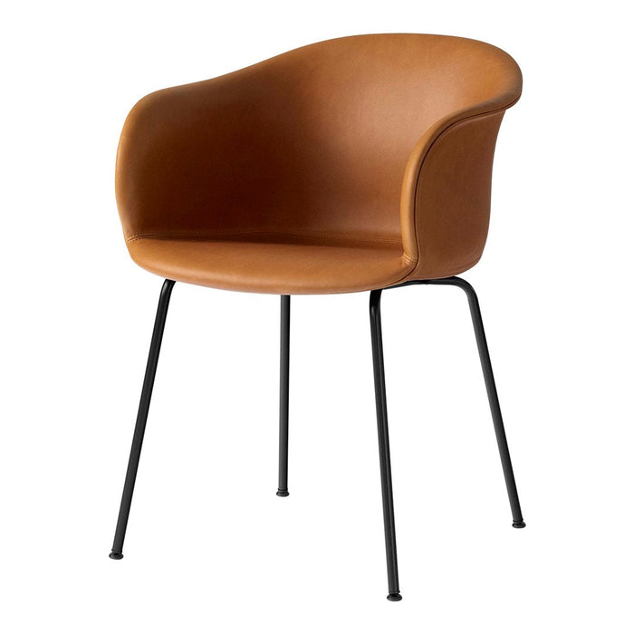Brown upholstered armchair with smooth, curved design and sleek black metal legs. Perfect for modern decor.