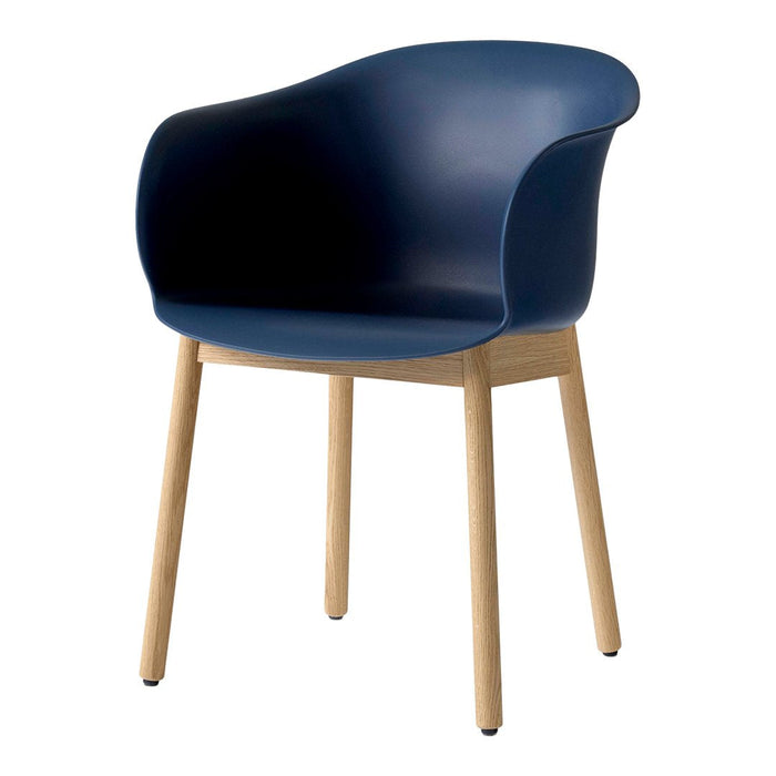 Navy blue plastic chair with wooden legs, featuring a smooth, modern design and curved backrest.