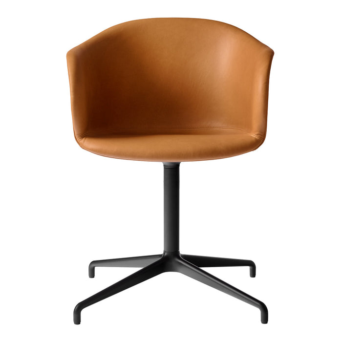 Tan leather armchair with a sleek black metal base, featuring a minimalist design and smooth, curved lines.