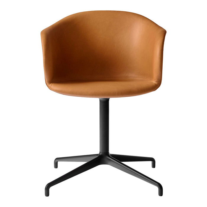 Brown leather chair with a sleek, minimalist design and a black metal base. Perfect for modern interiors.