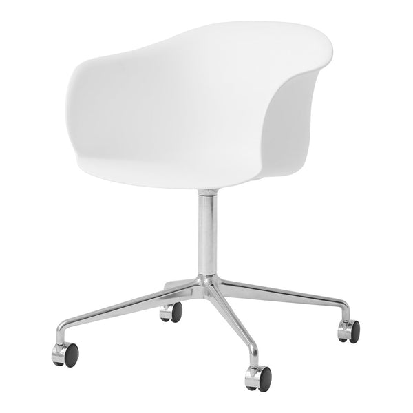 White modern chair with a smooth finish and a chrome base, featuring a sleek, minimalist design.