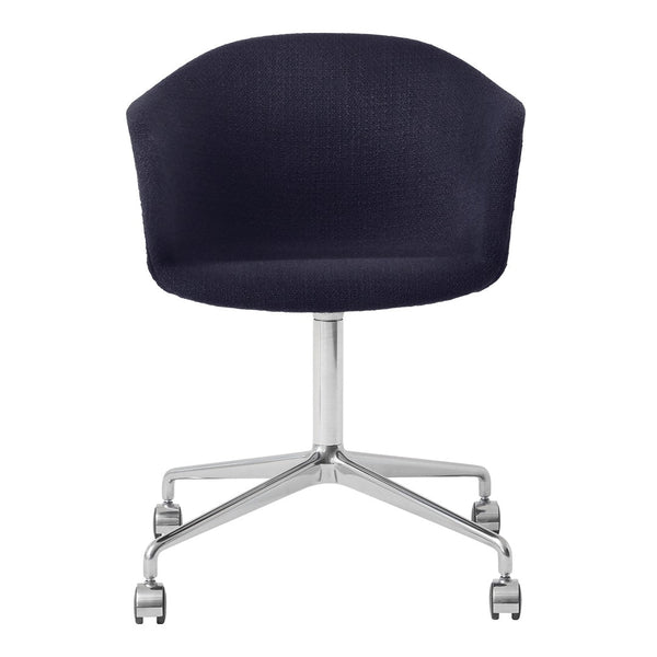 Navy blue upholstered chair with a sleek, minimalist design and a silver metal base. Perfect for modern spaces.