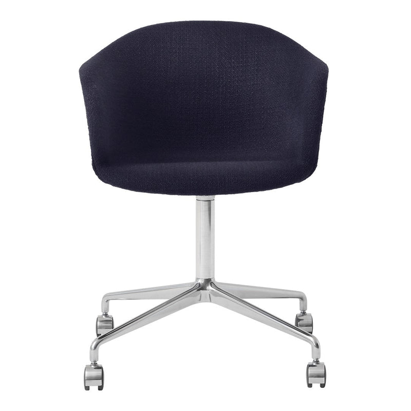 Navy blue upholstered chair with a sleek, minimalist design and a silver metal base. Perfect for modern spaces.