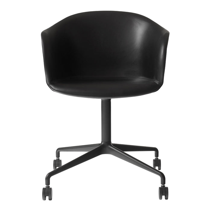 Sleek black ergonomic chair with a smooth finish and minimalist design, featuring a five-point rolling base.