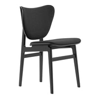 Black upholstered chair with a smooth, minimalist design and sleek lines, featuring a solid black wooden frame.