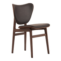 Modern brown wooden chair with a sleek, minimalist design and smooth dark leather seating for a chic look.