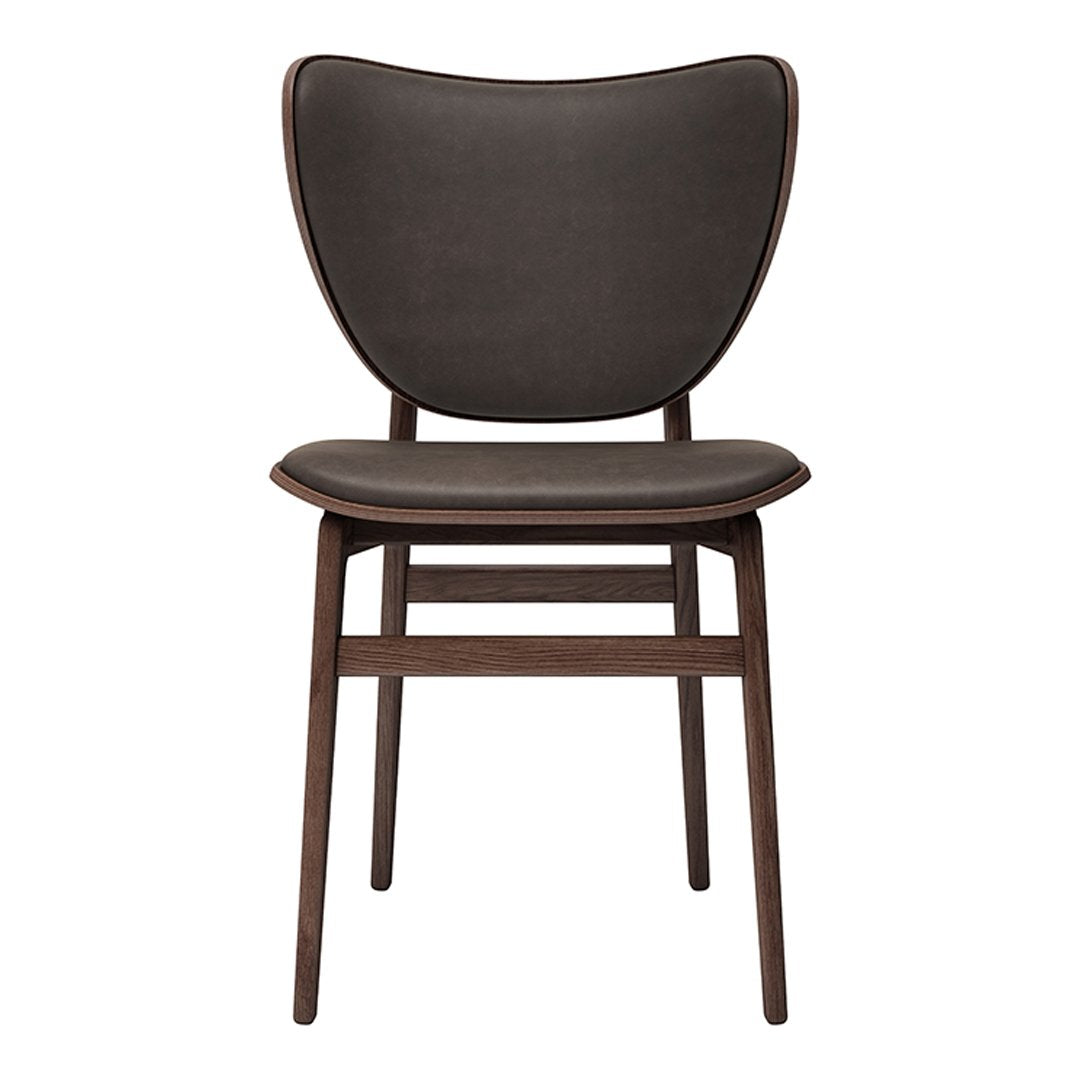 Brown upholstered chair with a sleek, minimalist design and curved backrest, featuring a rich wood frame.