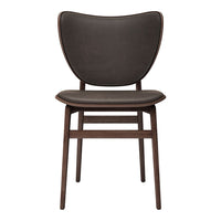 Brown upholstered chair with a sleek, minimalist design and curved backrest, featuring a rich wood frame.