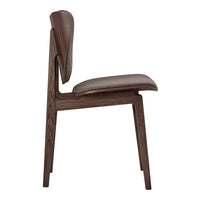 Side view of a modern chair featuring a rich brown wood finish and a smooth, dark brown cushioned seat.