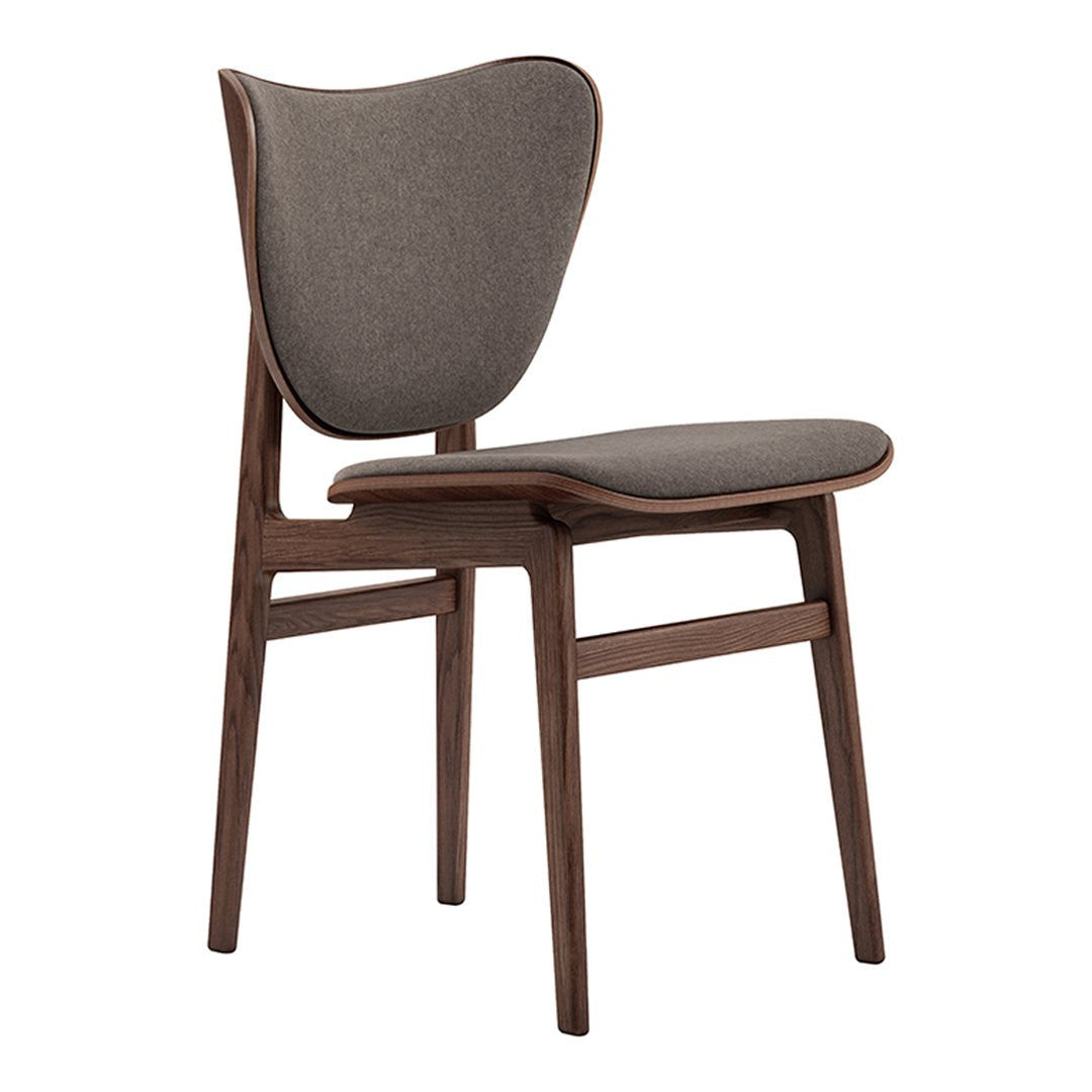 Stylish dark gray upholstered chair with a smooth walnut frame and minimalist design. Perfect for modern decor.