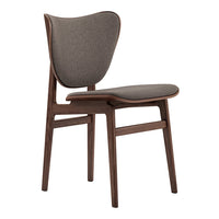 Stylish dark gray upholstered chair with a smooth walnut frame and minimalist design. Perfect for modern decor.
