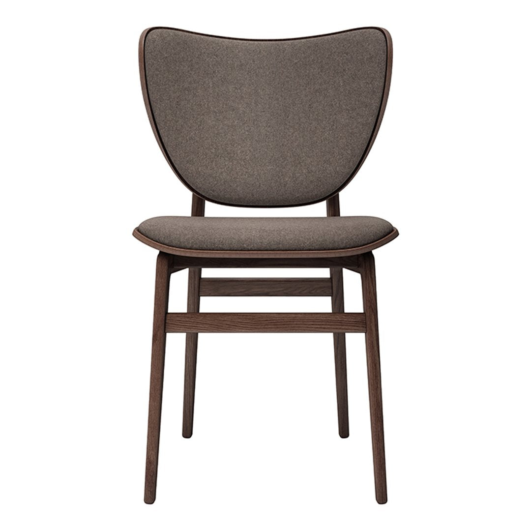 Brown upholstered chair with a smooth, minimalist design and gently curved backrest. Wooden legs in a darker finish.