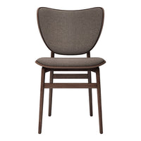 Brown upholstered chair with a smooth, minimalist design and gently curved backrest. Wooden legs in a darker finish.