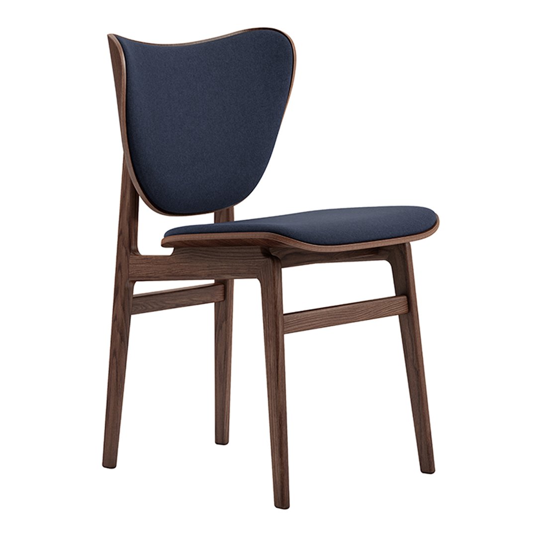 Navy blue upholstered chair with a smooth wood frame, featuring a minimalist design and subtle curves.