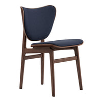 Navy blue upholstered chair with a smooth wood frame, featuring a minimalist design and subtle curves.