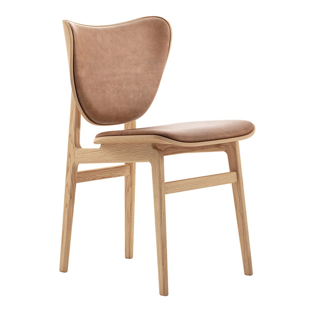 Brown upholstered chair with a wooden frame, featuring a smooth, minimalist design and clean lines.