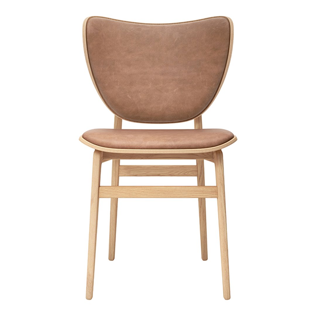 Brown upholstered chair with a unique curved backrest and natural wood legs. Perfect for modern home decor.