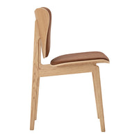 Light wooden chair with a smooth, natural finish and a rich brown padded seat. Stylish, minimalistic design.