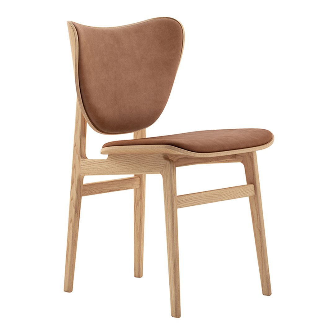 Brown upholstered chair with a smooth finish and natural wood legs, featuring a curved design for a modern look.