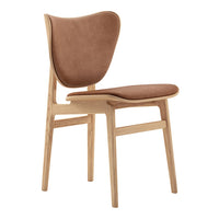 Brown upholstered chair with a smooth finish and natural wood legs, featuring a curved design for a modern look.