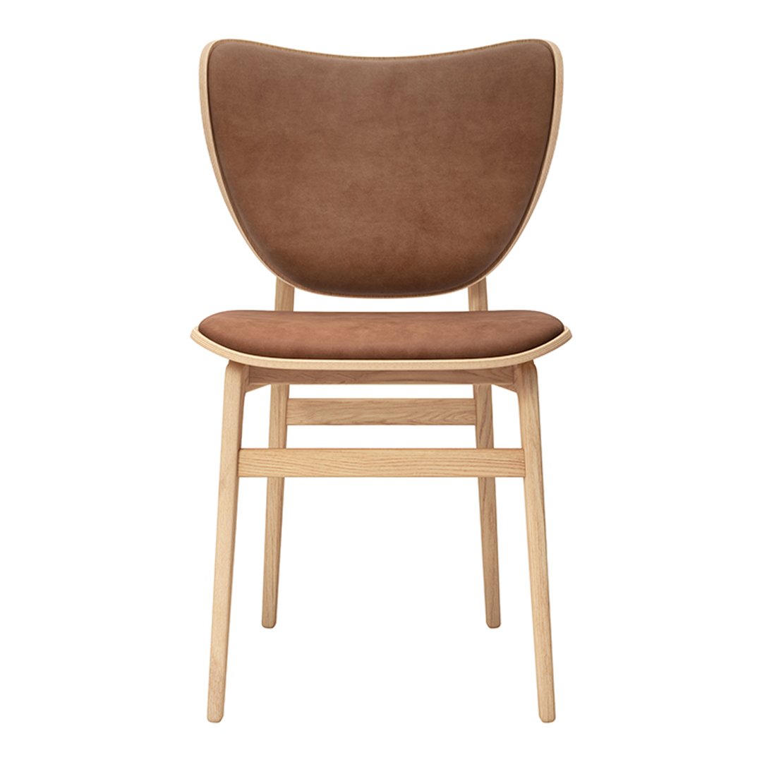 Brown upholstered chair with a smooth, curved backrest and light wooden legs, offering a modern, minimalist design.