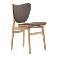 Gray upholstered chair with a natural wood frame, featuring a smooth, modern design and clean lines.