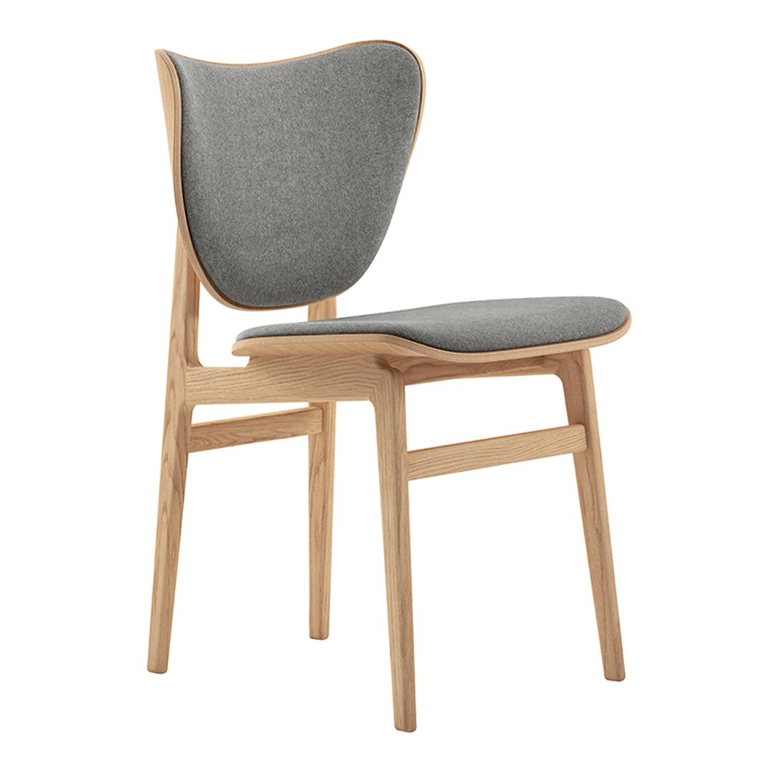 Gray upholstered chair with a smooth wooden frame, featuring a minimalist design and soft curves.