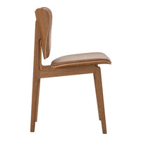 Wooden chair with a sleek design, featuring a natural wood finish and a tan upholstered seat.