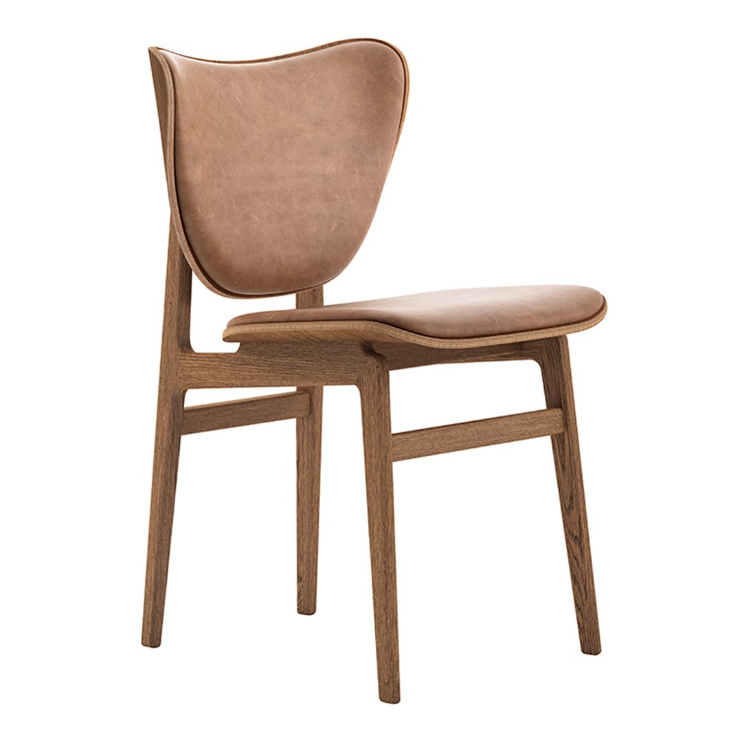 Light brown upholstered chair with a smooth, curved back and minimalist wooden frame. Ideal for modern decor.