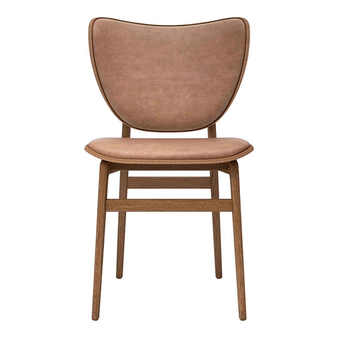 Brown upholstered dining chair with a smooth finish and minimalist wooden legs, featuring a modern, curved design.