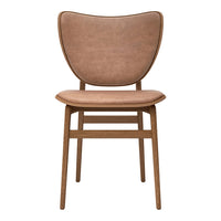 Brown upholstered dining chair with a smooth finish and minimalist wooden legs, featuring a modern, curved design.