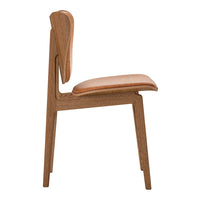Mid-century modern wooden chair with a natural wood finish and tan leather seat and backrest. Minimalist design.