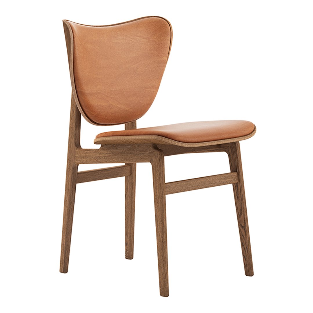 Brown leather chair with a smooth, curved backrest and minimalist wood frame, showcasing simple, elegant design.
