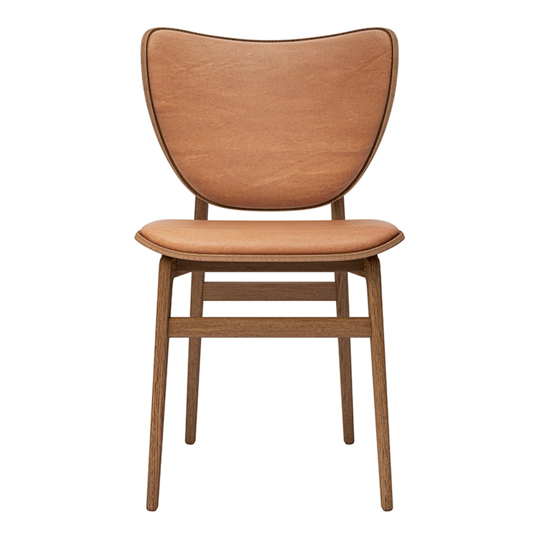 Mid-century style chair with a warm tan leather seat and a natural wood frame, featuring smooth, minimalist curves.