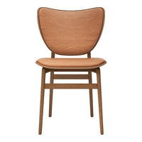 Mid-century style chair with a warm tan leather seat and a natural wood frame, featuring smooth, minimalist curves.