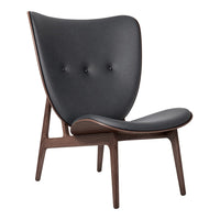 Stylish black upholstered chair with a smooth finish and wooden accents, featuring a sleek, modern design.