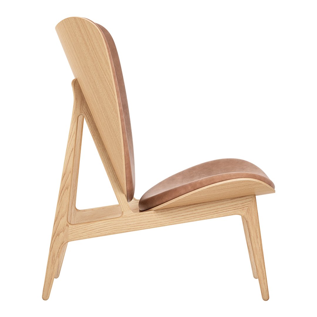 Mid-century modern chair in natural wood with a smooth brown leather seat and backrest, featuring minimalist design.