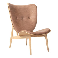 Stylish brown upholstered armchair with a smooth, curved design and light wood legs, perfect for modern decor.