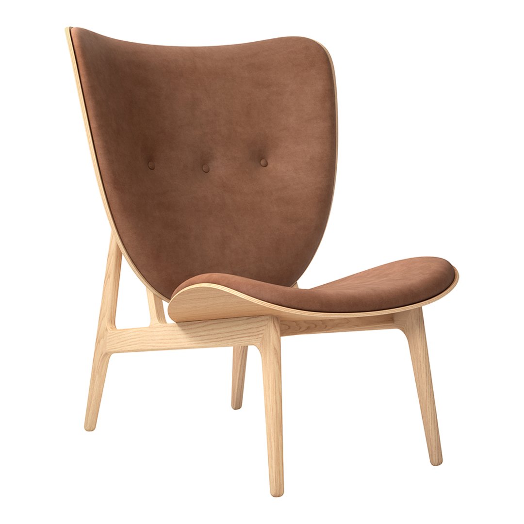 Brown suede accent chair with natural wood legs and a minimalist design, featuring a smooth, curved silhouette.