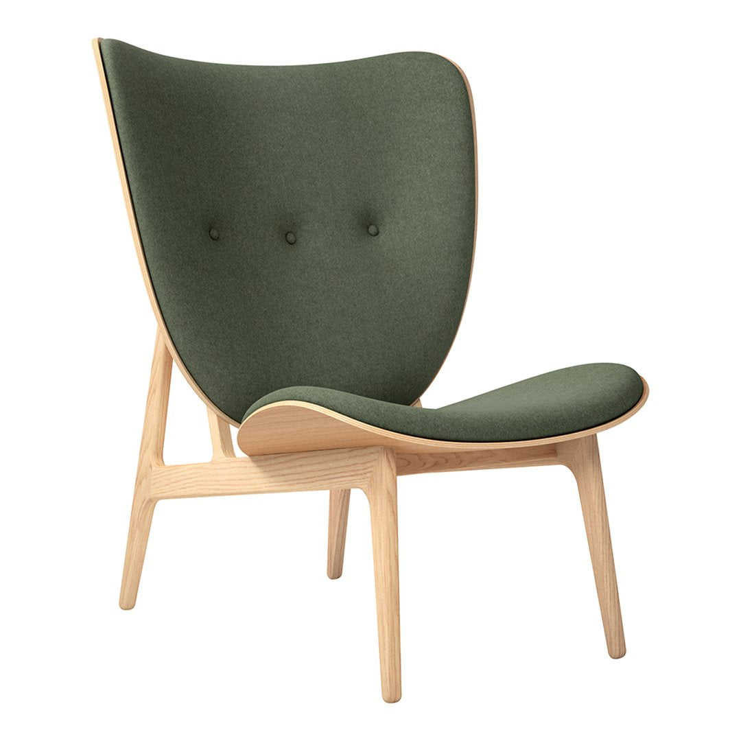 Green upholstered chair with a smooth finish and light wooden legs, featuring subtle button detailing.