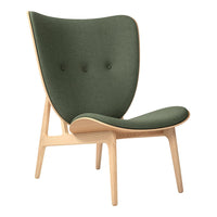Green upholstered chair with a smooth finish and light wooden legs, featuring subtle button detailing.