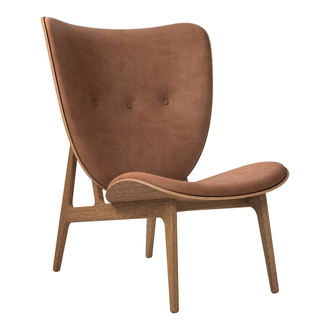 Brown upholstered chair with a smooth texture and subtle button detailing, set on light wooden legs.