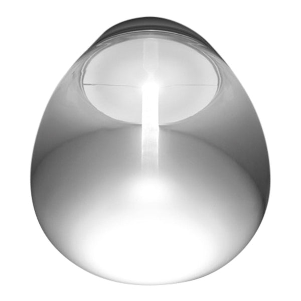 Sleek clear glass lamp with soft curves and a minimalist design, featuring a luminous white interior glow.
