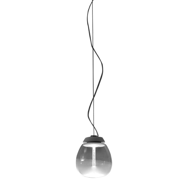 Modern glass pendant lamp in clear and black, featuring a minimalist design with smooth shapes and soft lines.