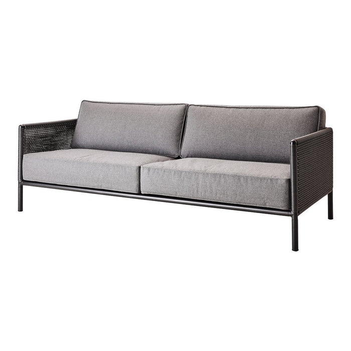 Gray fabric sofa with a minimalist design and black metal frame. Perfect for modern living spaces.