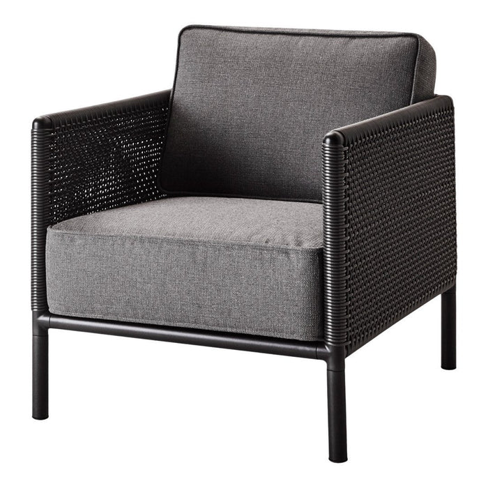 Gray cushioned chair with a sleek black woven frame. Modern design suits indoor and outdoor decor.