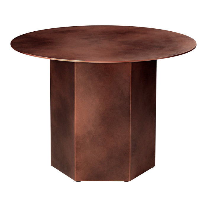 Round copper-patterned table with a smooth metallic finish and geometric base. Ideal for modern decor.