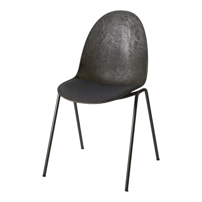 Sleek black chair with a textured seat and matte black metal legs, featuring a minimalistic modern design.